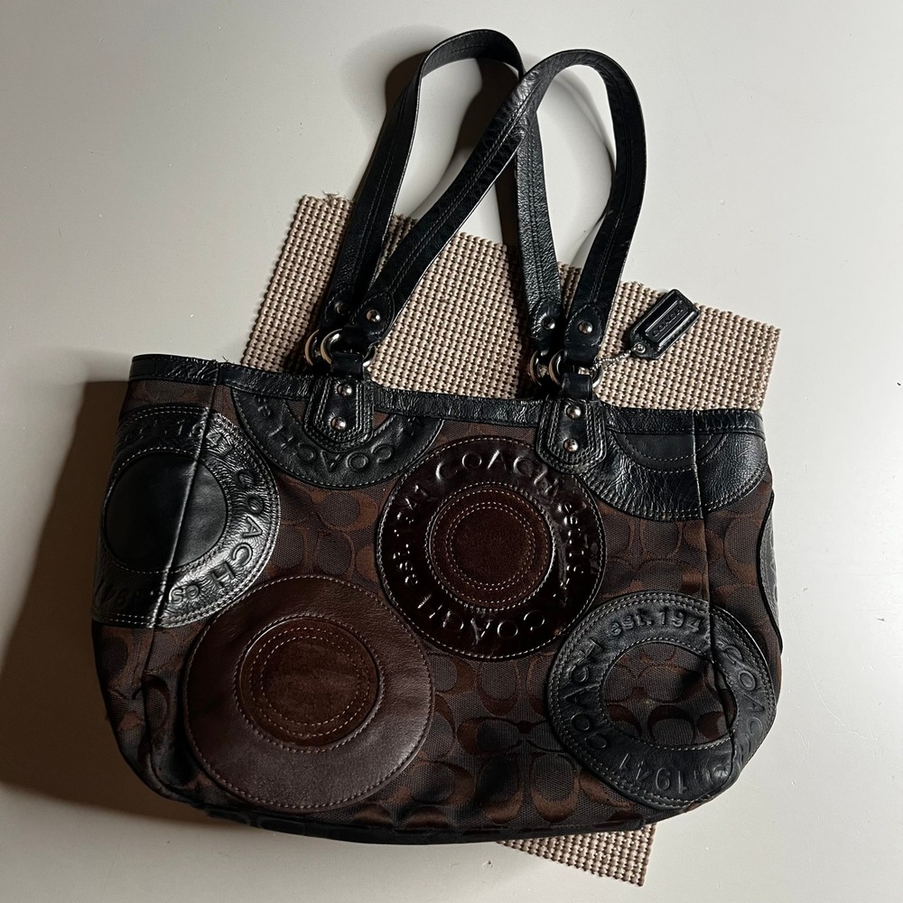 Coach Audrey Signature Patchwork Tote Brown Black Jacquard Leather Bag F15466